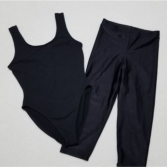 Vintage 1980s Black Aerobics Cropped Tights Leggings High Rise Bodysuit Set Med - Picture 4 of 14